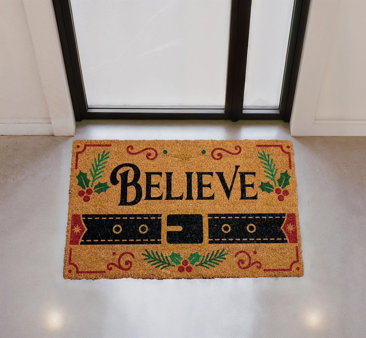 Believe Christmas Doormat, Santa Belt Welcome Mat, Festive Porch Decor