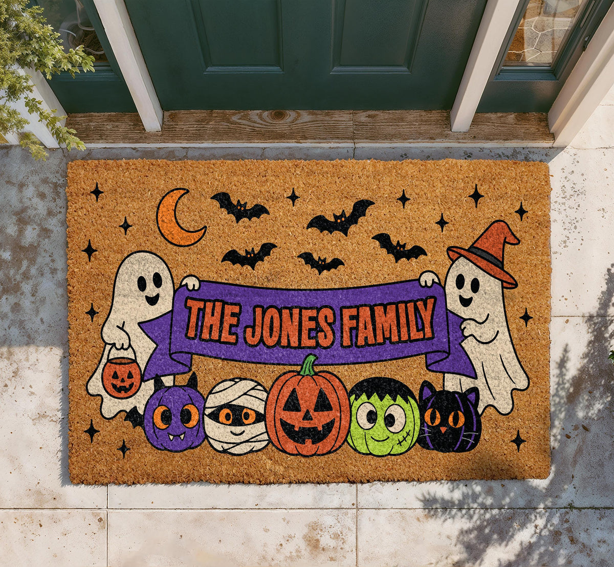 Personalized Halloween Doormat, Spooky Ghosts, Bats, Pumpkins, Family Name (Coir)