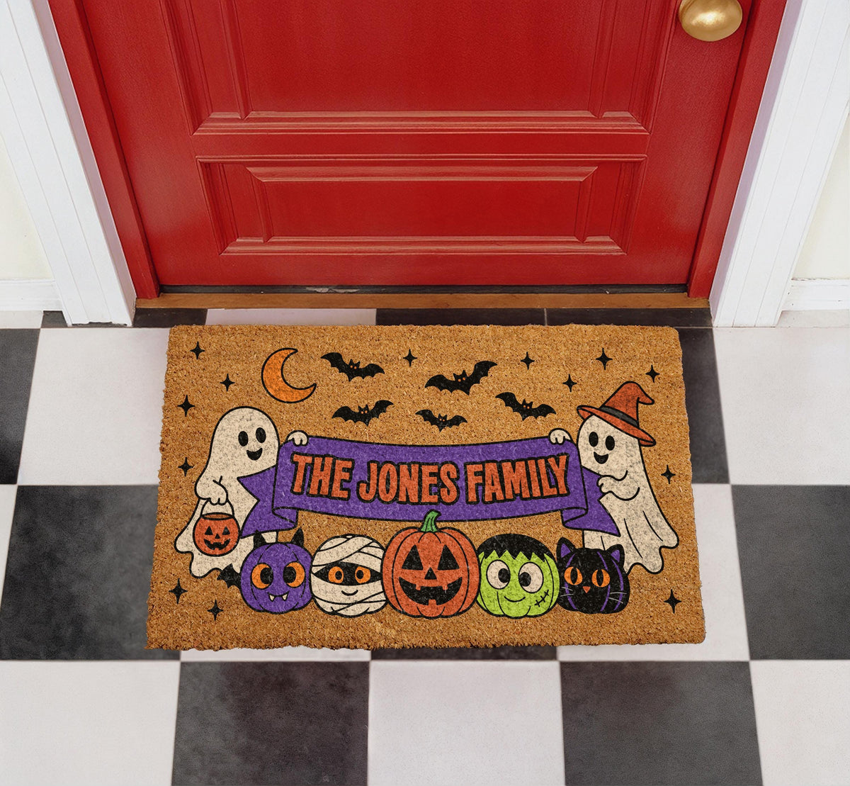 Personalized Halloween Doormat, Spooky Ghosts, Bats, Pumpkins, Family Name (Coir)