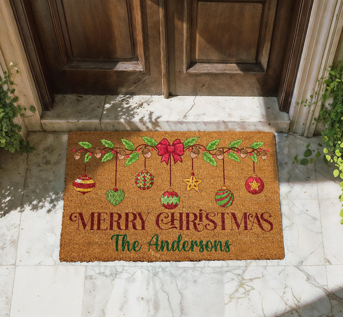 Personalized Family Name Christmas Doormat, Coir Welcome Mat, Holiday Porch Decor