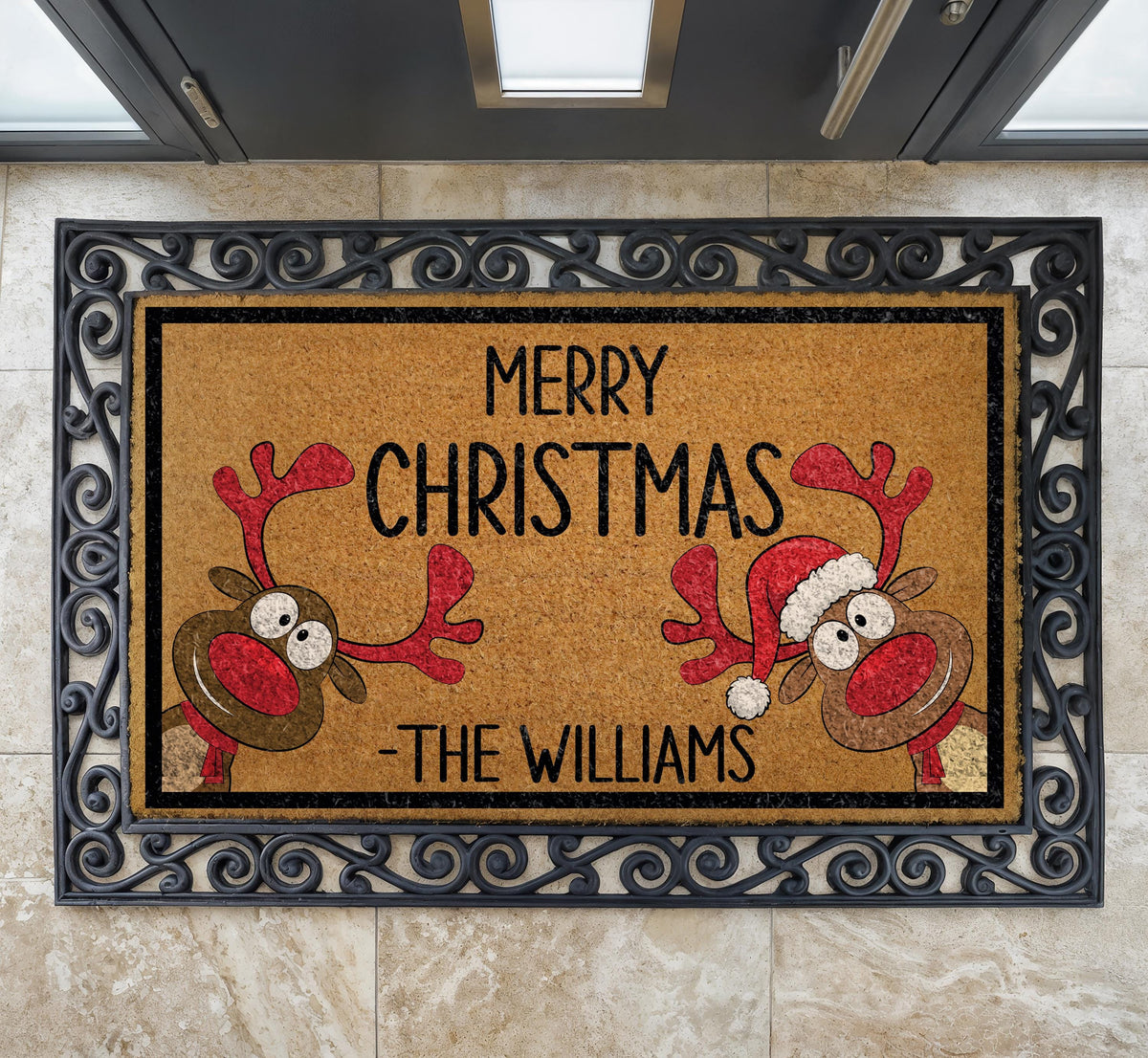 Personalized Christmas Doormat, Funny Reindeer Welcome Mat