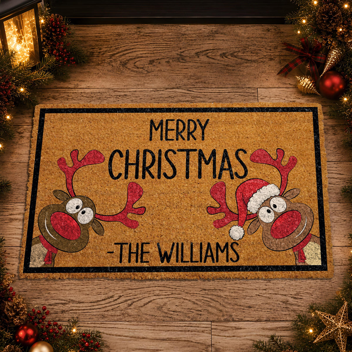 Personalized Christmas Doormat, Funny Reindeer Welcome Mat