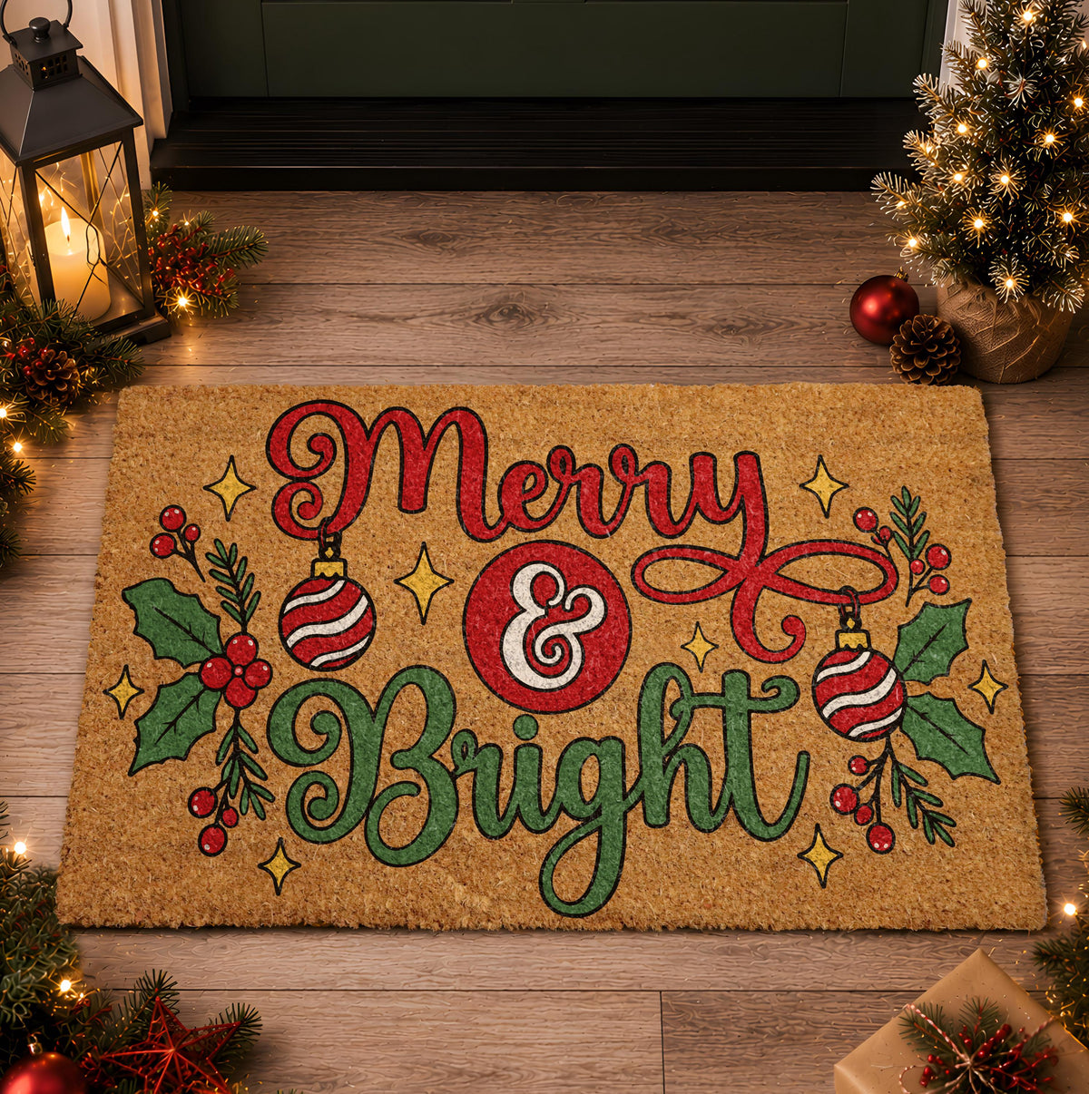 Merry and Bright Doormat, Christmas Welcome Mat, Holiday Front Porch Decor, Festive Winter Door Mat, Coir Rug, Holiday Gift