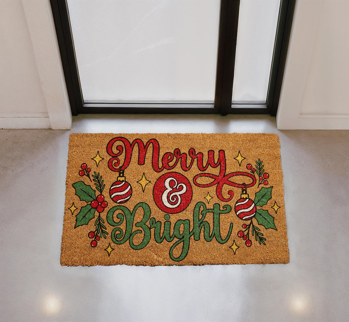 Merry and Bright Doormat, Christmas Welcome Mat, Holiday Front Porch Decor, Festive Winter Door Mat, Coir Rug, Holiday Gift