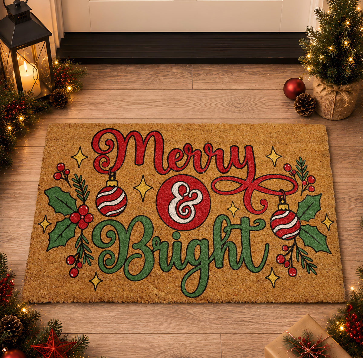 Merry and Bright Doormat, Christmas Welcome Mat, Holiday Front Porch Decor, Festive Winter Door Mat, Coir Rug, Holiday Gift
