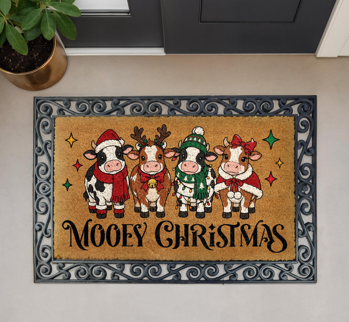 Mooey Christmas Doormat, Highland Cow Christmas Welcome Mat, Funny Christmas Door Mat, Farmhouse Holiday Decor, Coir Entryway Rug