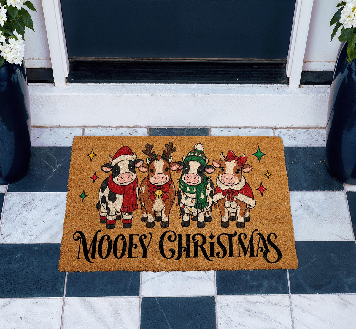 Mooey Christmas Doormat, Highland Cow Christmas Welcome Mat, Funny Christmas Door Mat, Farmhouse Holiday Decor, Coir Entryway Rug