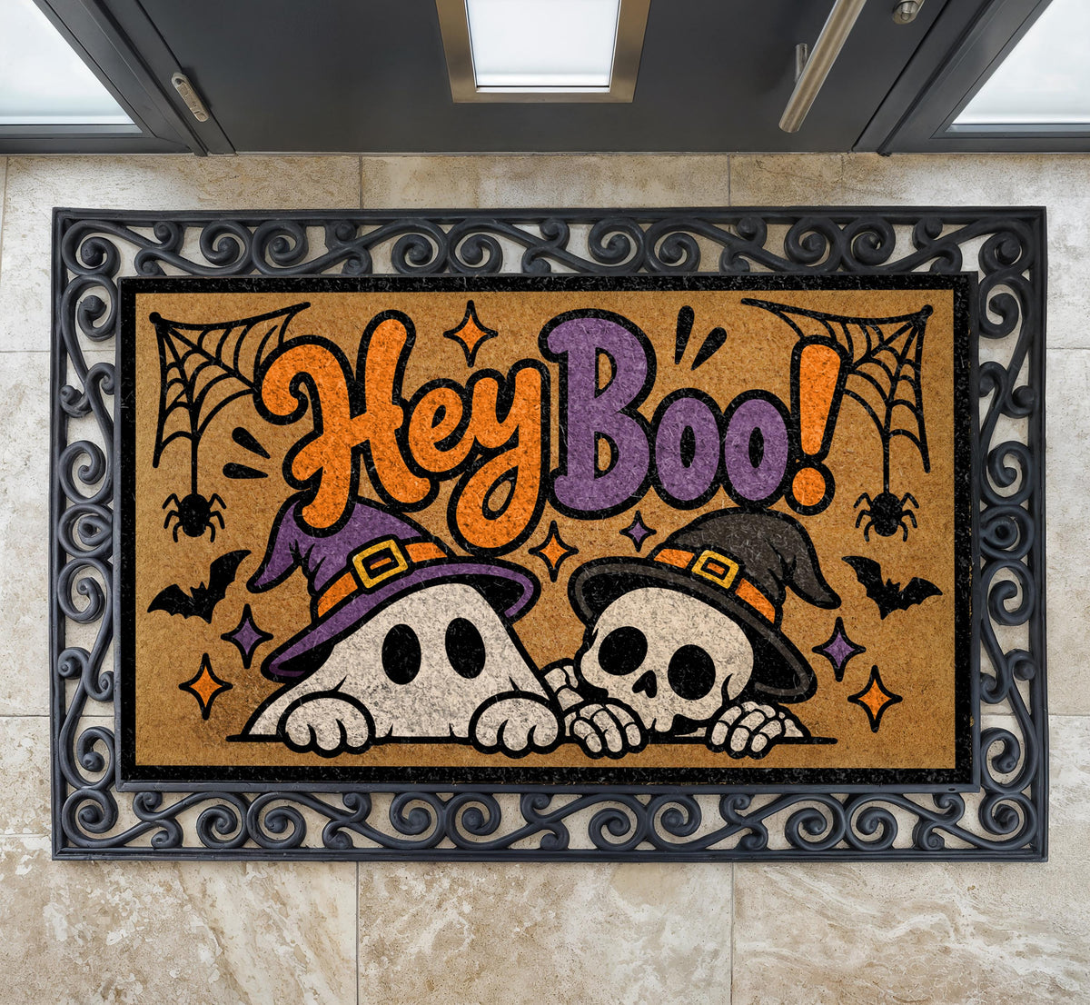 Hey Boo Doormat, Halloween Ghost and Skeleton Welcome Mat, Spooky Cute Porch Decor, Retro Fall Coir Doormat, Autumn Entryway Mat
