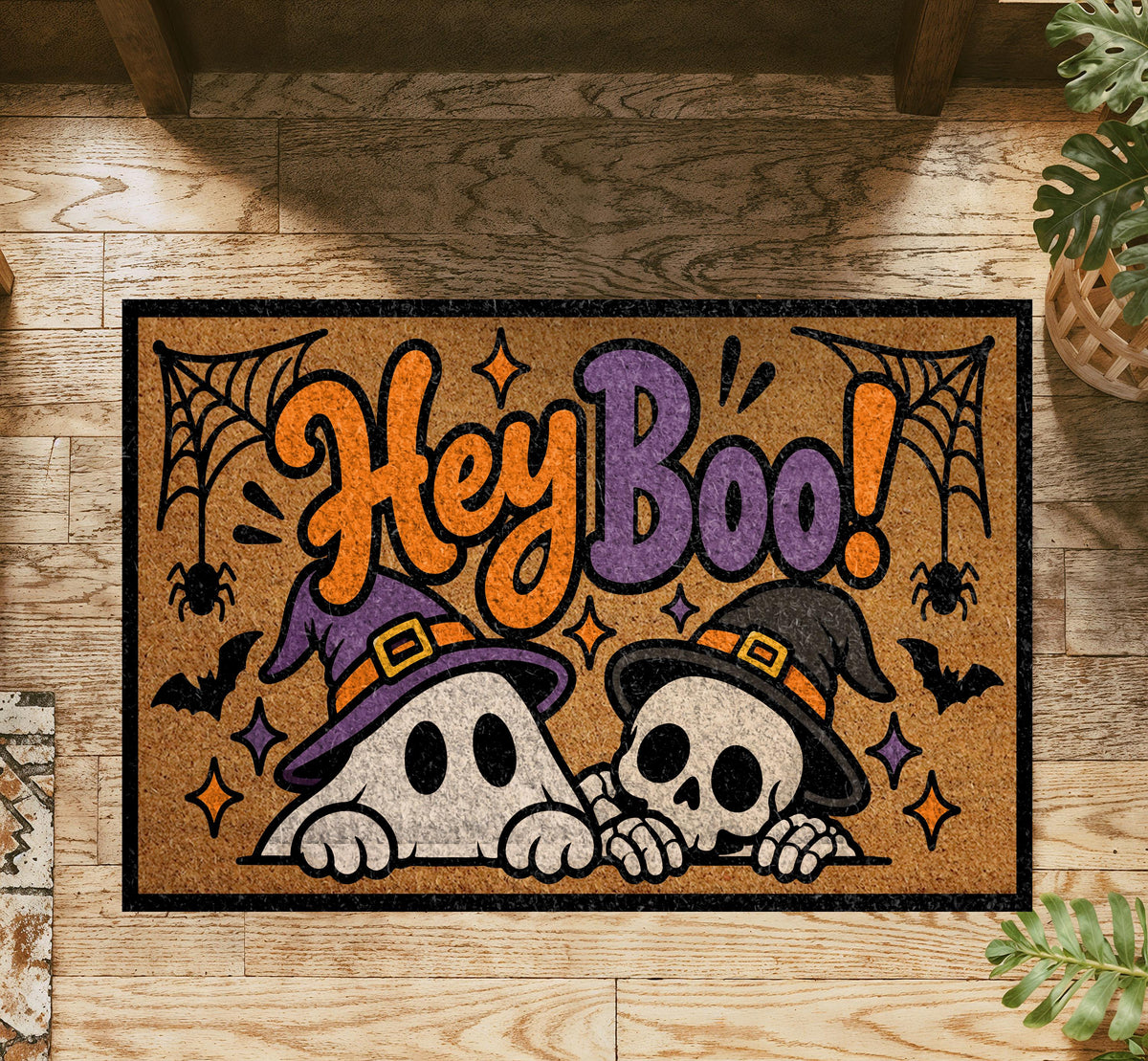 Hey Boo Doormat, Halloween Ghost and Skeleton Welcome Mat, Spooky Cute Porch Decor, Retro Fall Coir Doormat, Autumn Entryway Mat