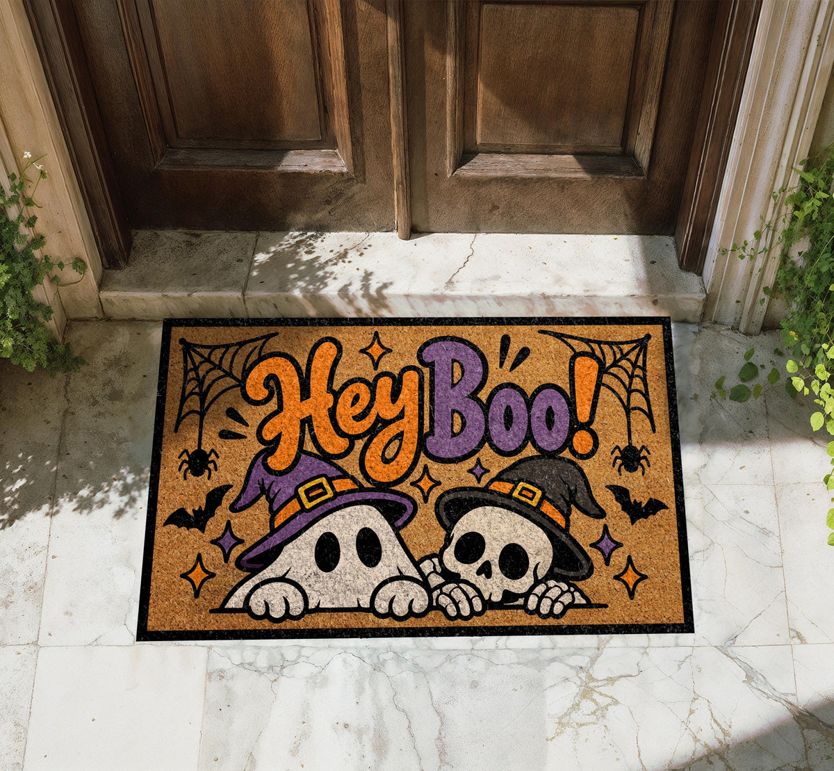 Hey Boo Doormat, Halloween Ghost and Skeleton Welcome Mat, Spooky Cute Porch Decor, Retro Fall Coir Doormat, Autumn Entryway Mat