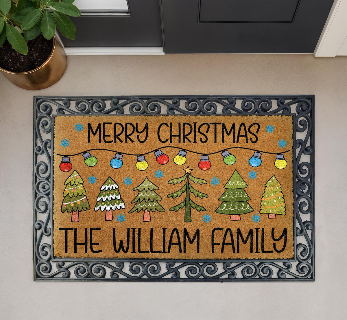 Personalized Merry Christmas Doormat, Christmas Tree & Lights Welcome Mat