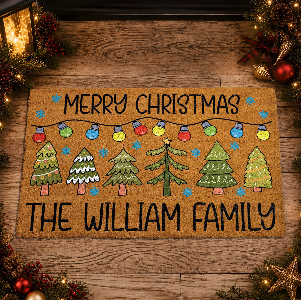 Personalized Merry Christmas Doormat, Christmas Tree & Lights Welcome Mat