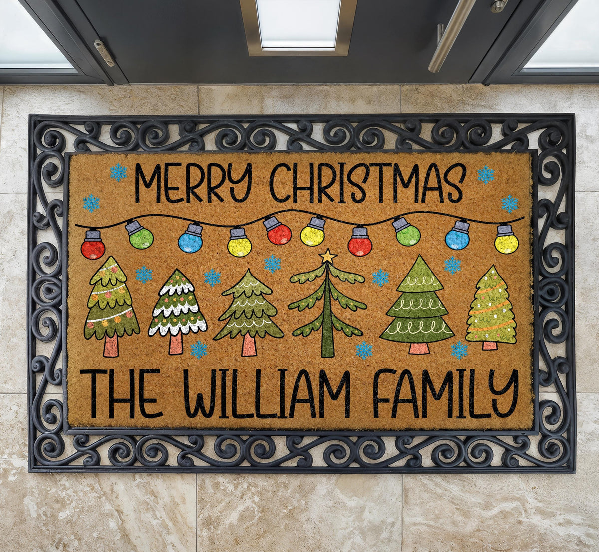 Personalized Merry Christmas Doormat, Christmas Tree & Lights Welcome Mat