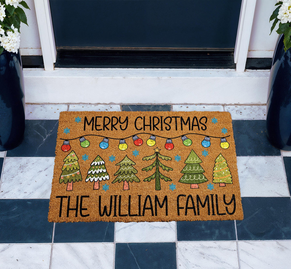 Personalized Merry Christmas Doormat, Christmas Tree & Lights Welcome Mat