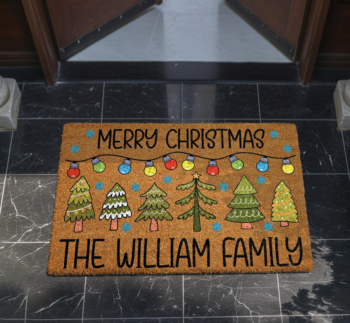 Personalized Merry Christmas Doormat, Christmas Tree & Lights Welcome Mat