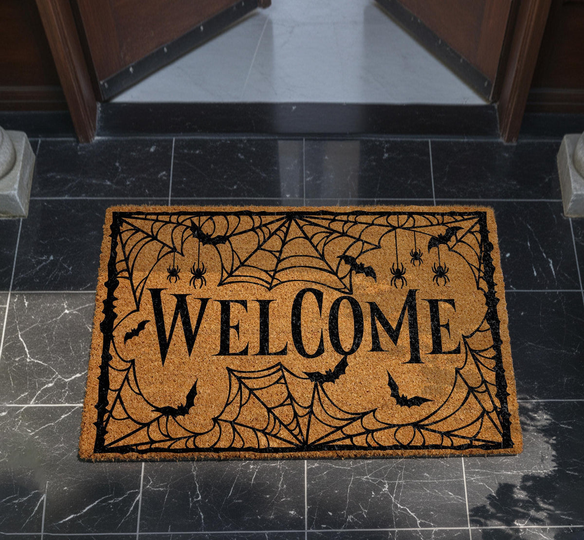 Halloween Welcome Doormat, Spider Web Spooky Bats Fall Porch Decor