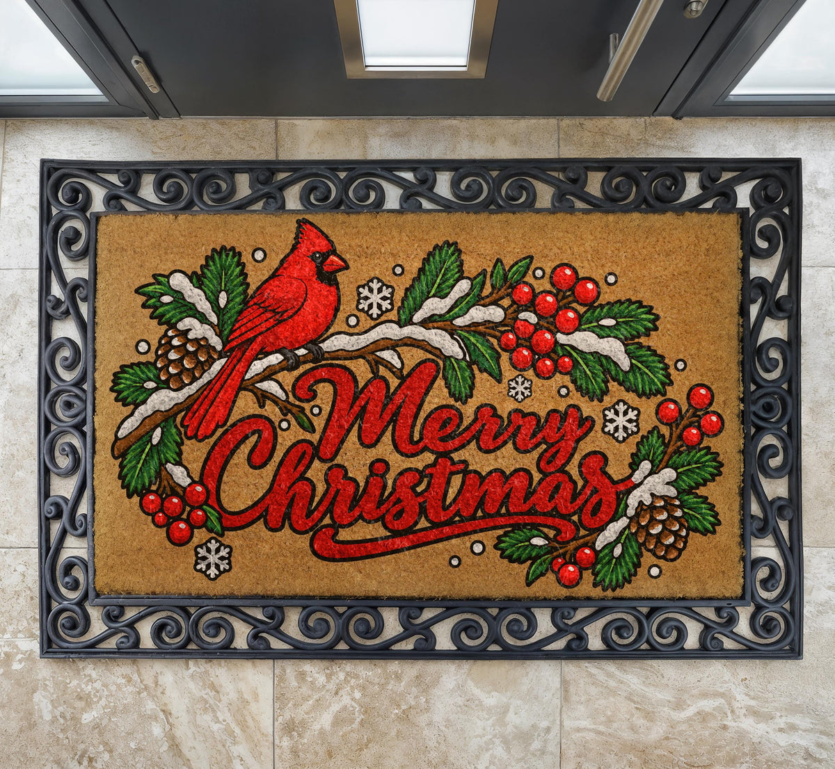 Red Cardinal Merry Christmas Doormat, Pinecone Winter Bird Welcome Mat (Coir)