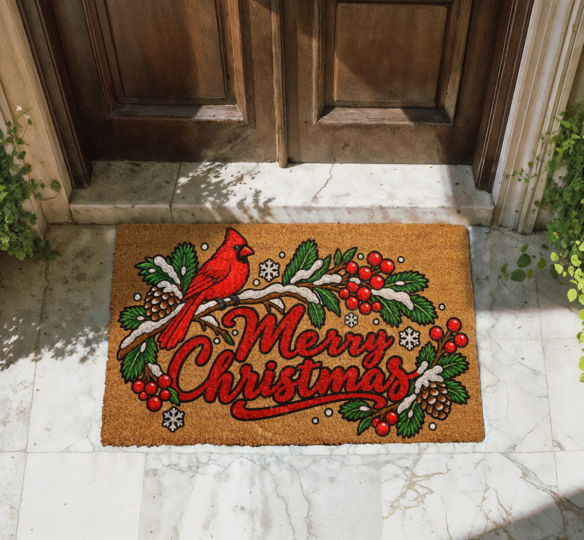 Red Cardinal Merry Christmas Doormat, Pinecone Winter Bird Welcome Mat (Coir)