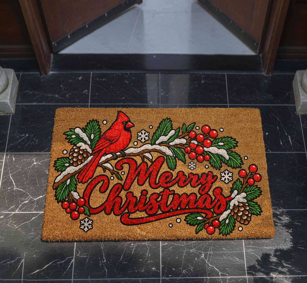 Red Cardinal Merry Christmas Doormat, Pinecone Winter Bird Welcome Mat (Coir)