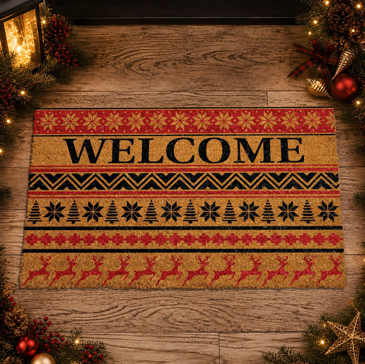 Nordic Christmas Doormat, Fair Isle Reindeer Welcome Mat, Coir Porch Decor