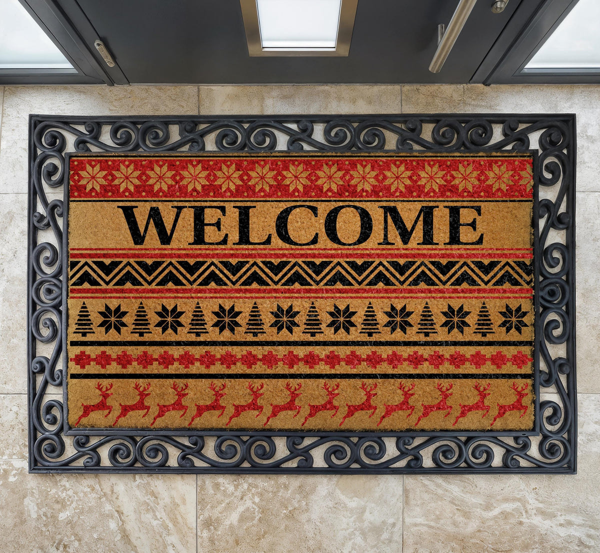 Nordic Christmas Doormat, Fair Isle Reindeer Welcome Mat, Coir Porch Decor