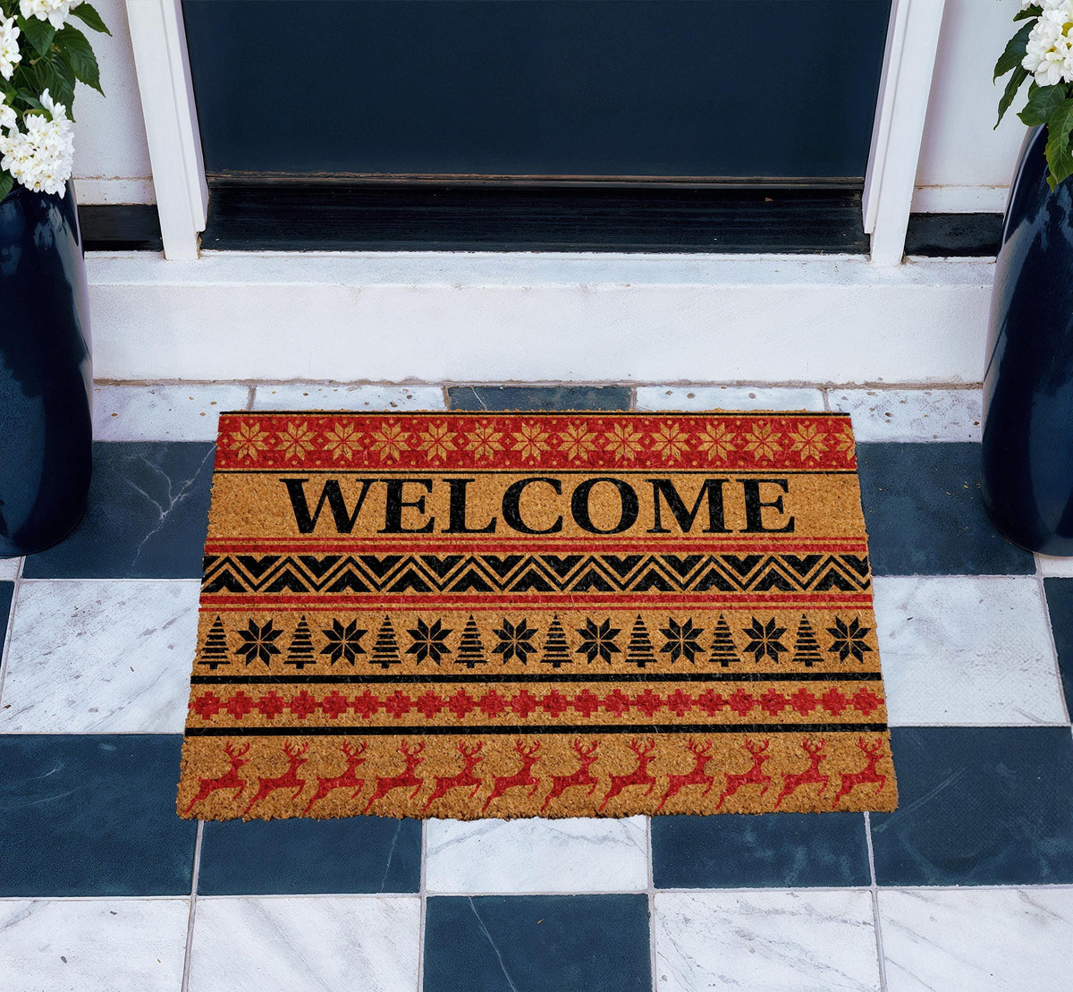 Nordic Christmas Doormat, Fair Isle Reindeer Welcome Mat, Coir Porch Decor