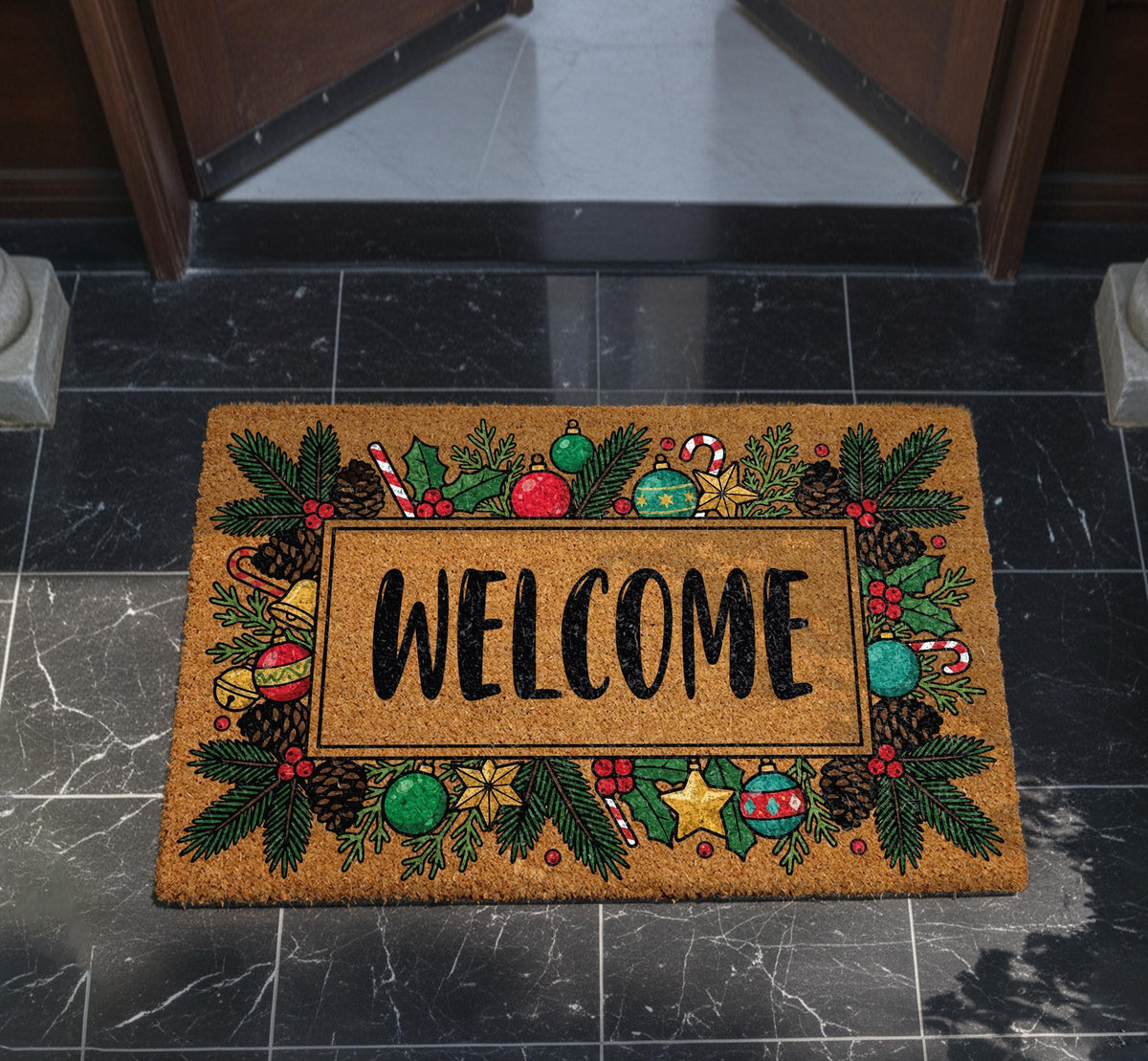 Personalized Christmas Wreath Doormat, Coir Welcome Mat, Holiday Front Porch Decor