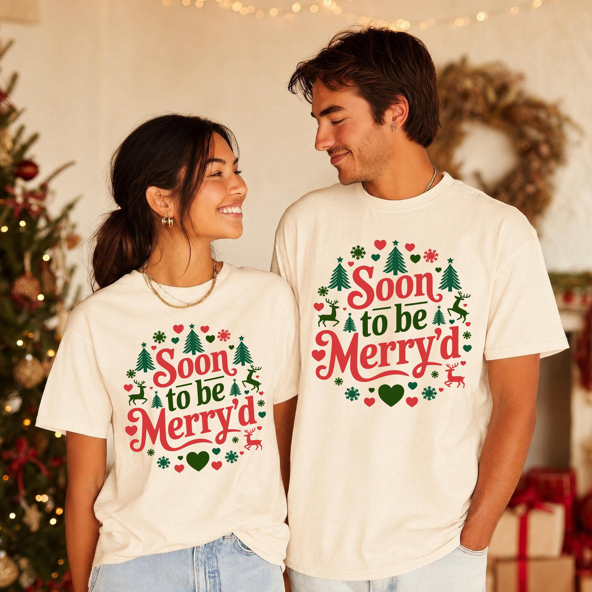 Christmas Engaged Couple Comfort Colors® T-Shirt, Soon to be Merry'd Gift Tee, Holiday Couple Matching Long Sleeve