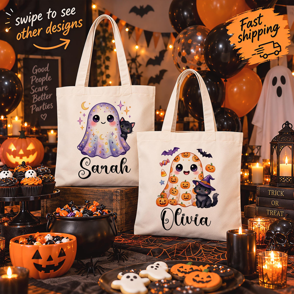 Personalized Ghost and Cat Halloween Canvas Tote Bag