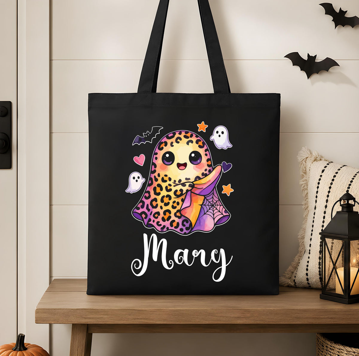 Personalized Ghost and Cat Halloween Canvas Tote Bag