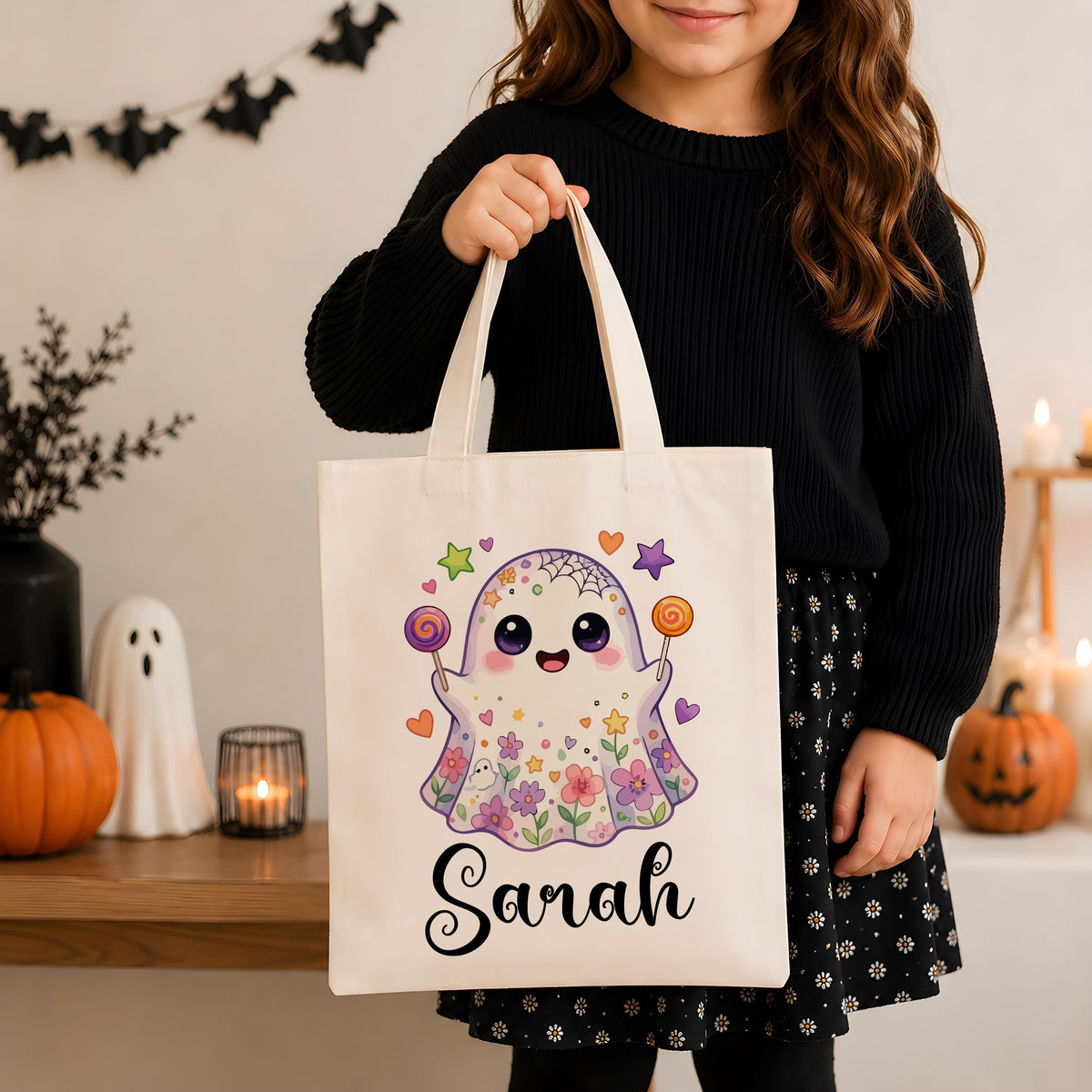 Personalized Ghost and Cat Halloween Canvas Tote Bag