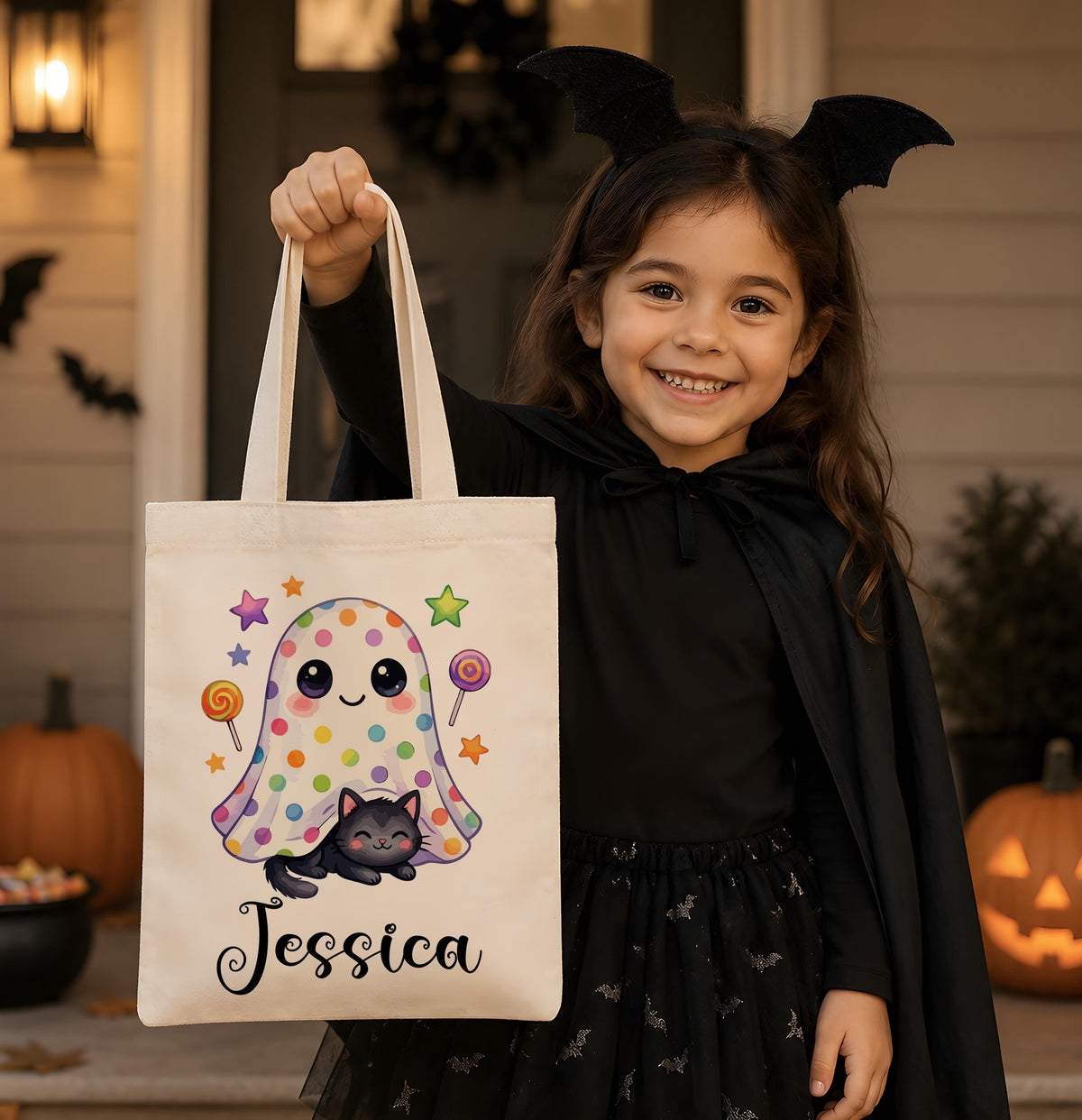 Personalized Ghost and Cat Halloween Canvas Tote Bag