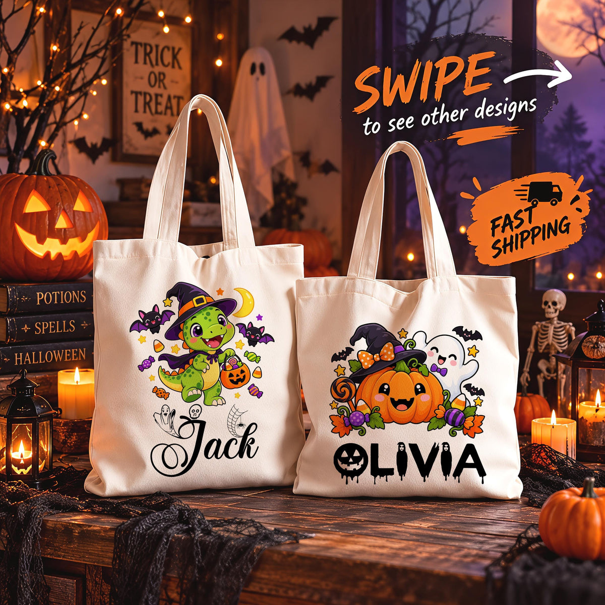 Personalized Dinosaur and Ghost Halloween Canvas Tote Bag