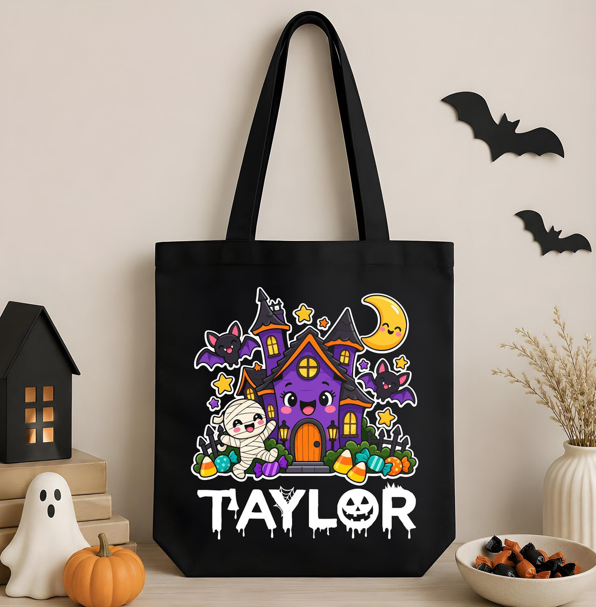 Personalized Dinosaur and Ghost Halloween Canvas Tote Bag