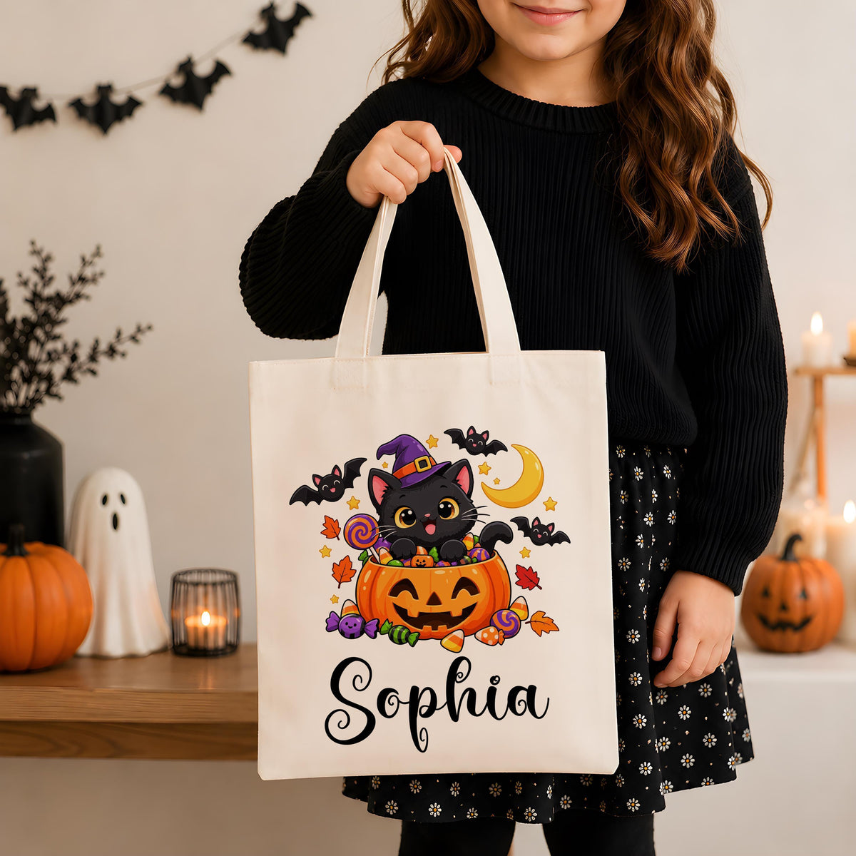 Personalized Dinosaur and Ghost Halloween Canvas Tote Bag