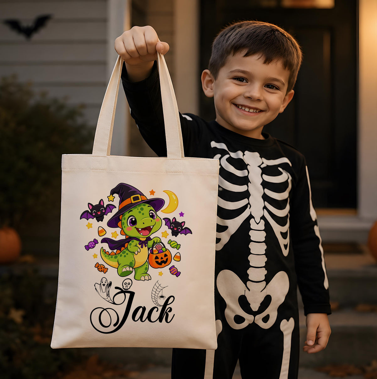 Personalized Dinosaur and Ghost Halloween Canvas Tote Bag