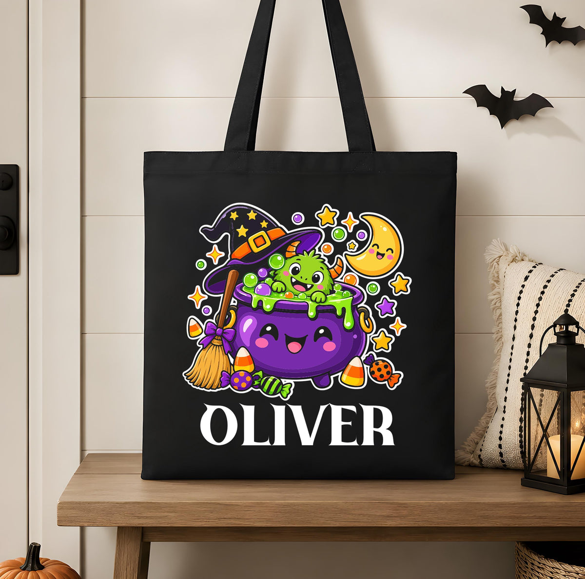 Personalized Dinosaur and Ghost Halloween Canvas Tote Bag