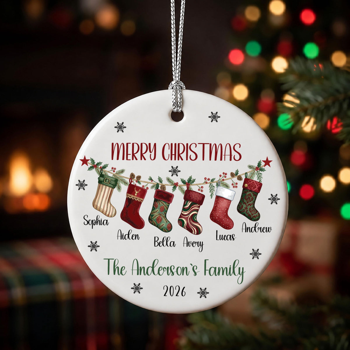 Custom Family Christmas Ornament, Personalized Stocking Names Keepsake (Ceramic or Glass)