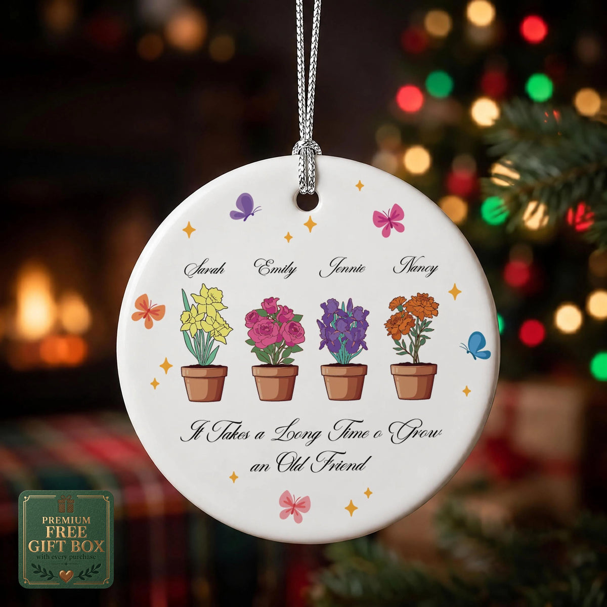 Personalized Besties Birth Flower Ornament, Glass or Ceramic Christmas Keepsake