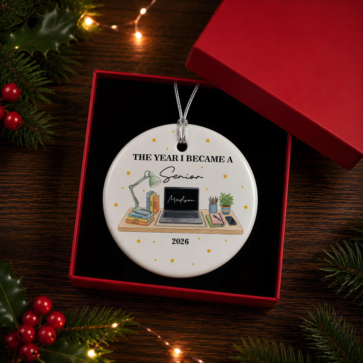 Personalized Senior Graduation Ornament, Study Desk Class Year Keepsake (Ceramic or Glass)