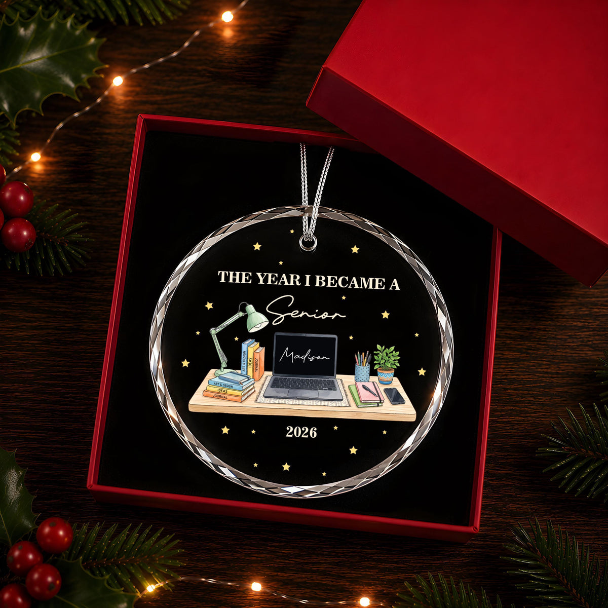 Personalized Senior Graduation Ornament, Study Desk Class Year Keepsake (Ceramic or Glass)