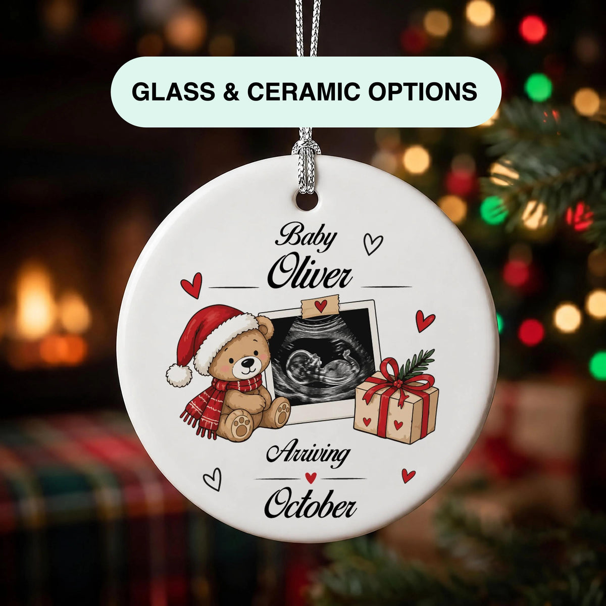 Personalized Baby Ultrasound Ornament, Teddy Bear Sonogram Keepsake (Crystal Glass or Ceramic)