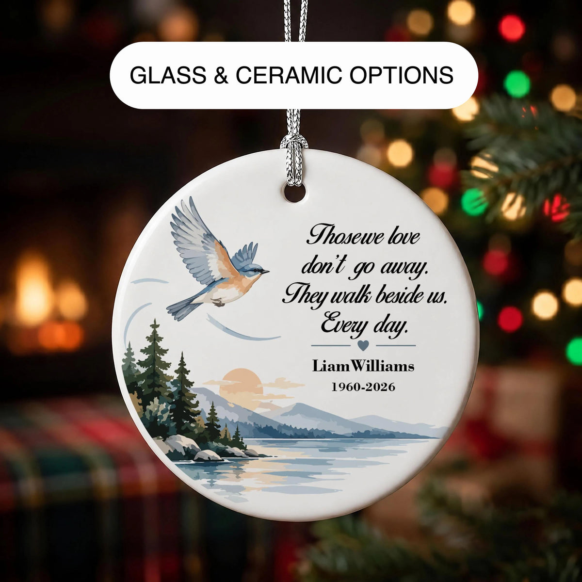 Personalized Memorial Ornament, Bluebird Remembrance Keepsake (Crystal Glass or Ceramic)