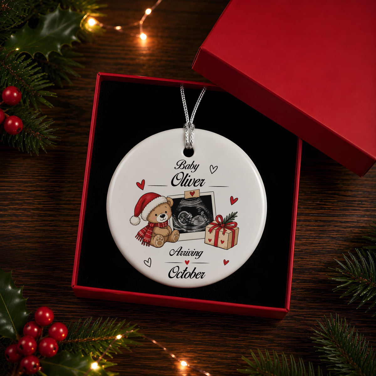 Personalized Baby Ultrasound Ornament, Teddy Bear Sonogram Keepsake (Crystal Glass or Ceramic)