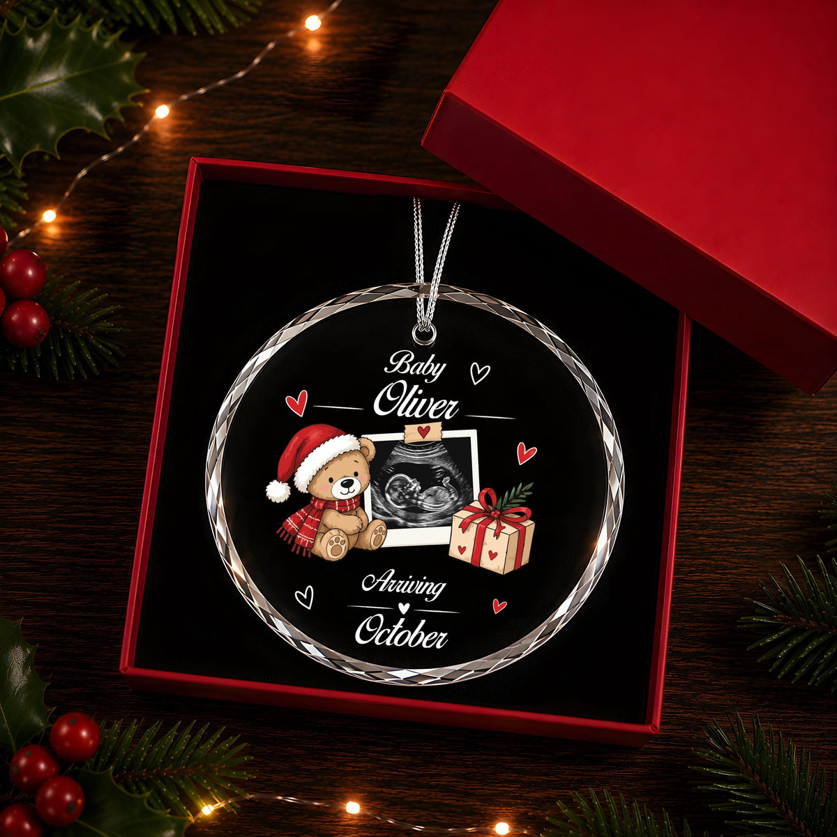 Personalized Baby Ultrasound Ornament, Teddy Bear Sonogram Keepsake (Crystal Glass or Ceramic)