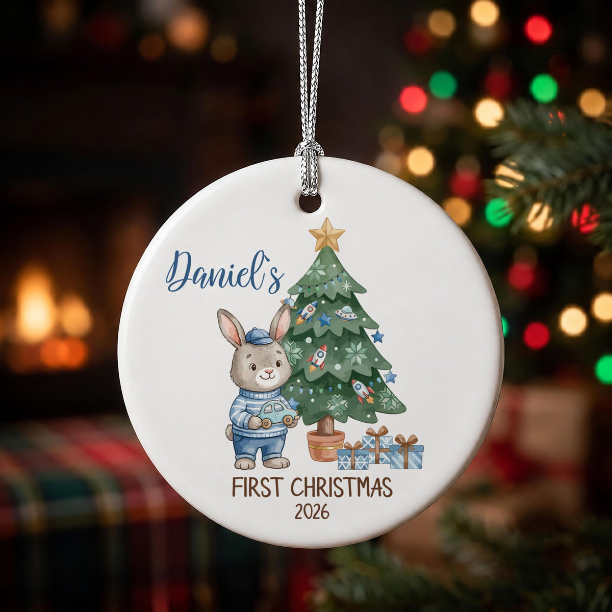 Personalized Baby Bunny First Christmas Ornament, Custom Name Keepsake (Ceramic or Glass)