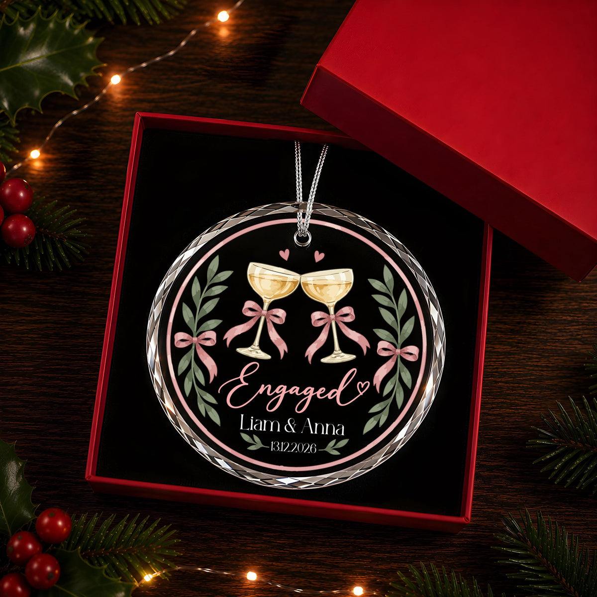 Personalized Engaged Ornament, Champagne Toast Engagement Keepsake with Names and Date