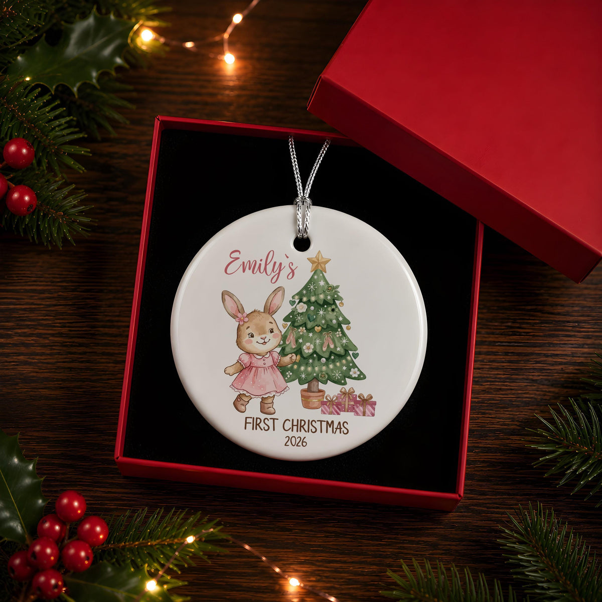 Personalized Baby Bunny First Christmas Ornament, Custom Name Keepsake (Ceramic or Glass)