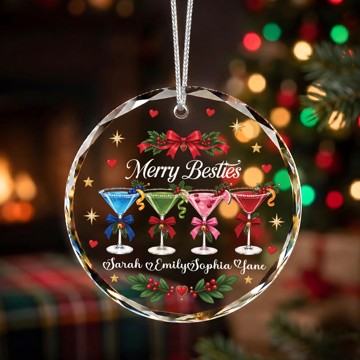 Personalized Merry Besties Cocktail Ornament, Custom Names Keepsake (Ceramic or Glass)