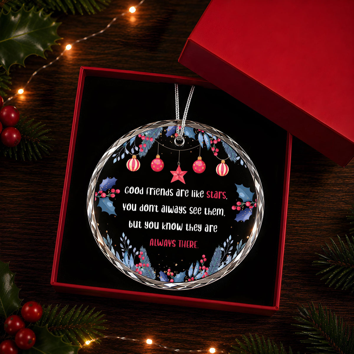 Friendship Quote Christmas Ornament, Round Ceramic or Glass Keepsake